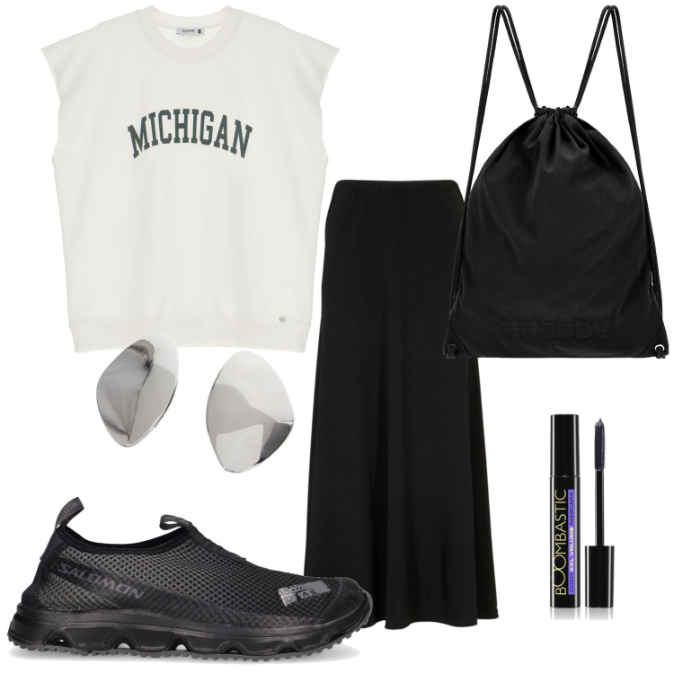 Outfit donna - Semplicemente casual curata. Stile Casual chic per Tutti i giorni. Abbinamento con gonne, mascara, felpe, zaini, orecchini, sneakers.