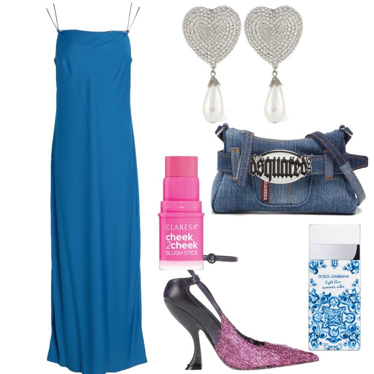 Outfit donna - Simply Valentine’s day. Stile Glamour per Serata fuori. Abbinamento con décolleté, vestiti lunghi, blush, profumi, pochette, orecchini.