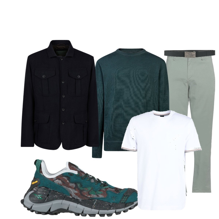 Outfit uomo - In città. Stile Trendy per Tutti i giorni. Abbinamento con sneakers, t-shirt, pantaloni, cinture, maglieria, giacche.