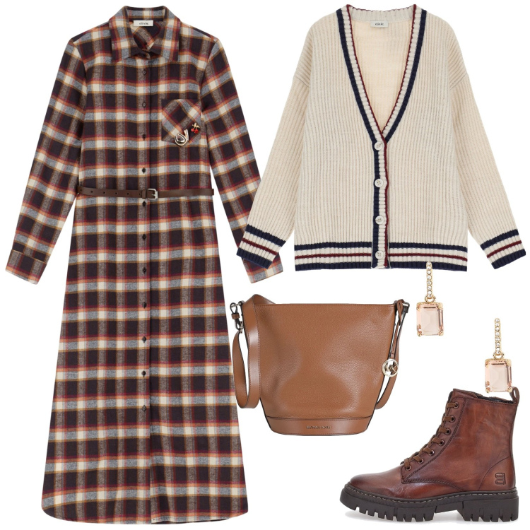 Outfit donna - Il vestito passepartout. Stile Trendy per Tutti i giorni. Abbinamento con borse a spalla, vestiti chemisier, cardigans, orecchini, anfibi.