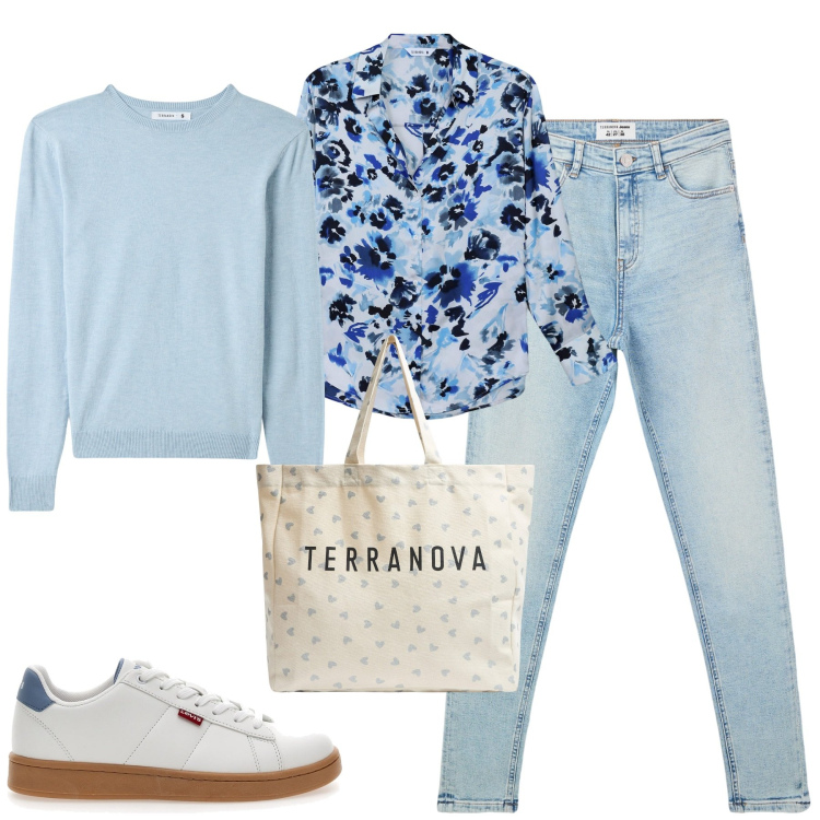 Outfit donna - Terranova spring. Stile Casual per Tutti i giorni. Abbinamento con camicie, jeans skinny, maglieria, shopping bag, sneakers.