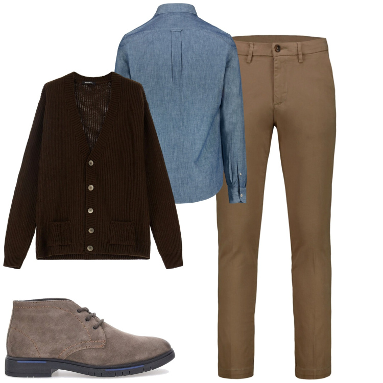 Outfit uomo - City. Stile Urban per Tutti i giorni. Abbinamento con cardigans, pantaloni chino, scarpe stringate, camicie.