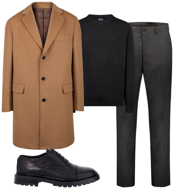 Outfit uomo - City. Stile Business/Elegante per Tutti i giorni. Abbinamento con scarpe stringate, cappotti, pantaloni, maglieria.