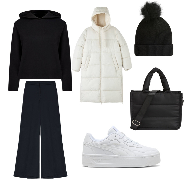 Outfit donna - Oggi mi vesto cosi.... Stile Casual per Tutti i giorni. Abbinamento con shopping bag, piumini, berretti, pantaloni, maglieria, sneakers.