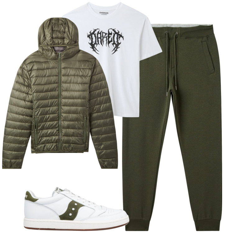 Outfit uomo - Weekend. Stile Casual per Tutti i giorni. Abbinamento con sneakers, piumini, t-shirt, pantaloni.
