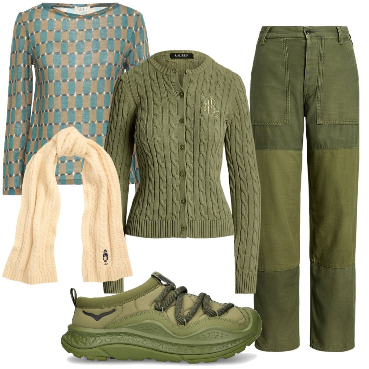 Outfit donna - Verde muschio. Stile Casual per Tutti i giorni. Abbinamento con pullovers, sciarpe, cardigans, pantaloni, sneakers.
