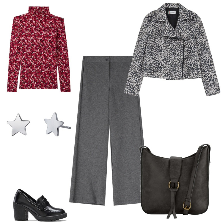 Outfit donna - Elegante ma non troppo. Stile Casual chic per Serata fuori. Abbinamento con borse a tracolla, mocassini, t-shirt, orecchini, blazer, pantaloni.