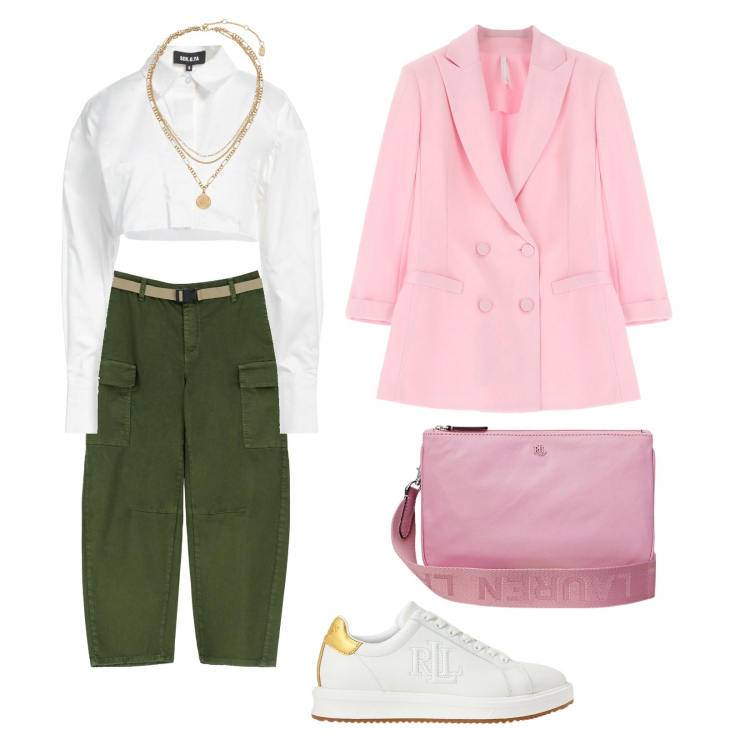 Outfit donna - Primavera. per Tutti i giorni. Abbinamento con camicie, pantaloni chino, blazer, ciondoli, sneakers, borse a tracolla.