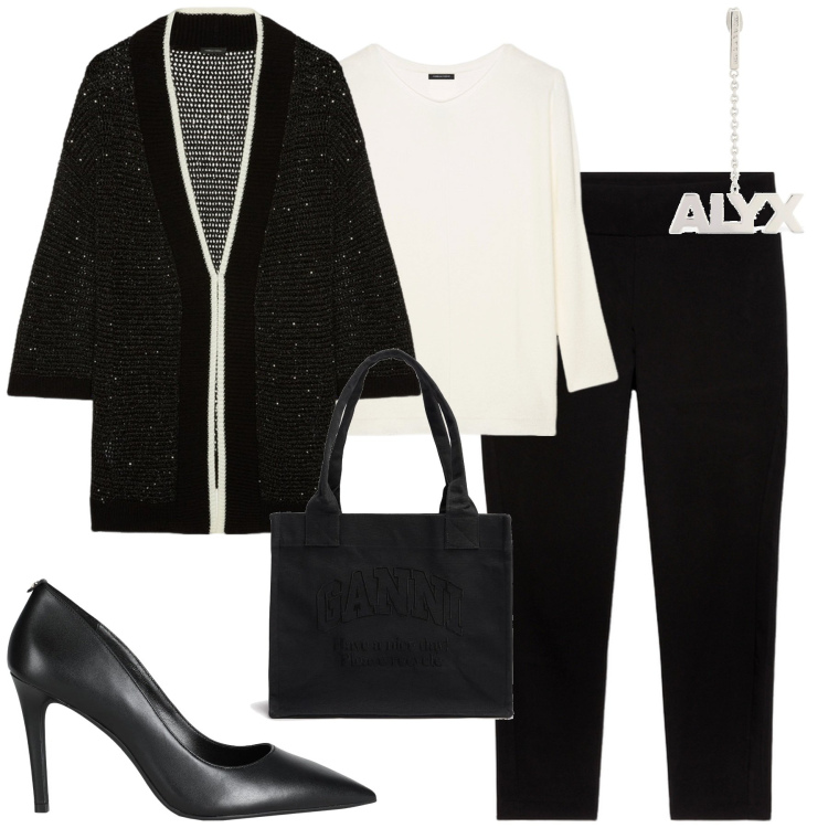 Outfit donna - City. Stile Minimal per Tutti i giorni. Abbinamento con décolleté, cardigans, jeggings, maglieria, shopping bag, orecchini.