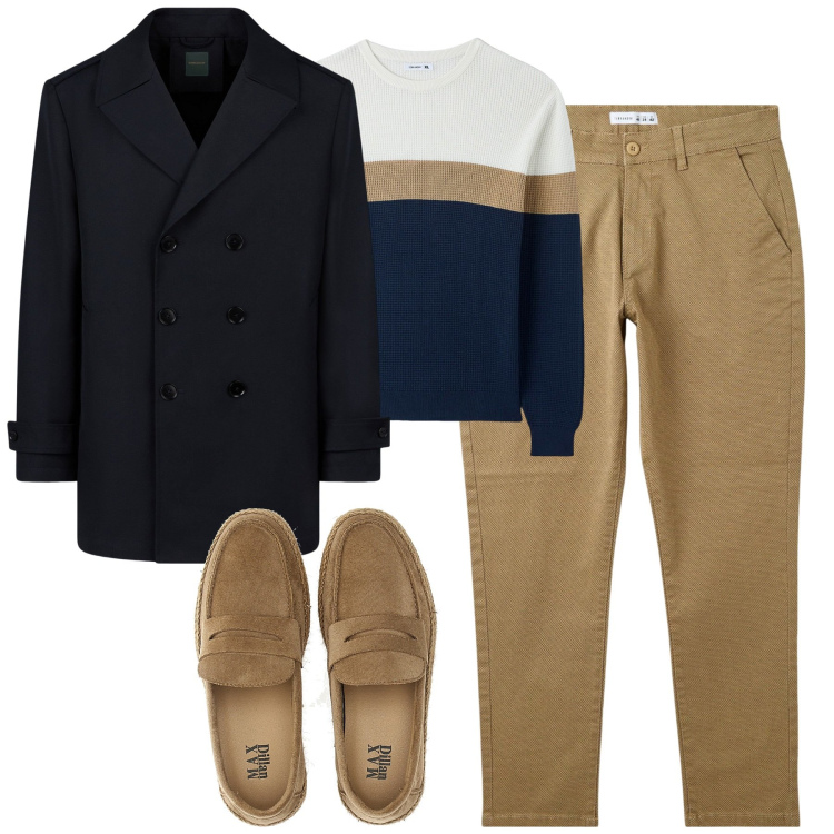 Outfit uomo - Febbraio. Stile Urban per Tutti i giorni. Abbinamento con maglieria, pantaloni chino, scarpe stringate, caban.