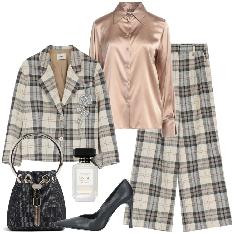 Outfit donna - Total look #2060637. Stile Chic per Serata fuori. Abbinamento con camicie, décolleté, profumi, blazer, pantaloni, borse a spalla.