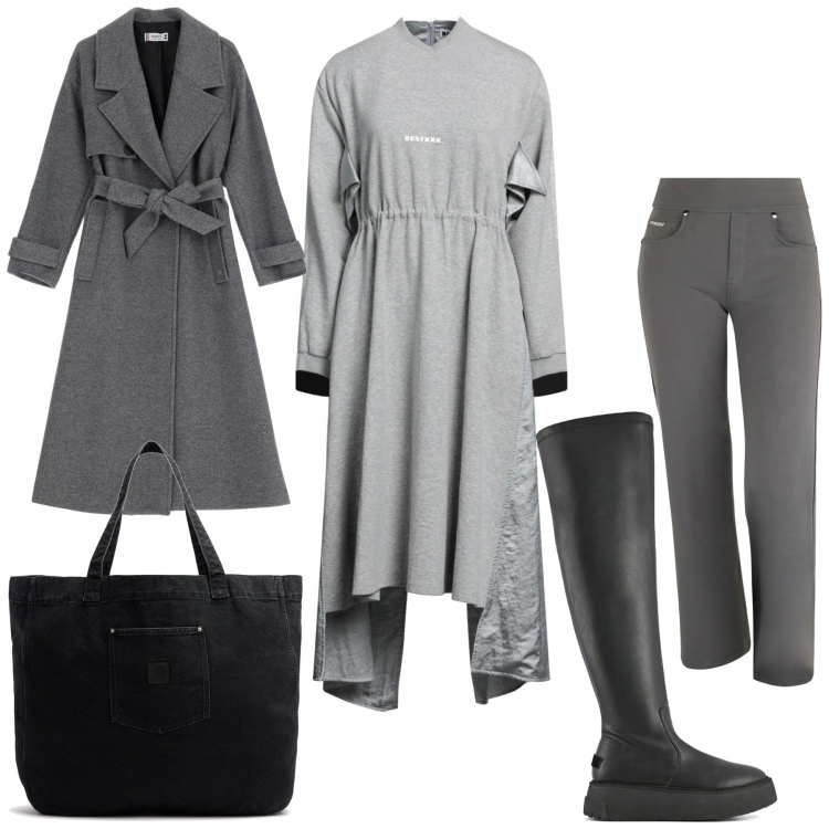 Outfit donna - Abito in felpa. Stile Basic per Tutti i giorni. Abbinamento con felpe, trench, pantaloni, stivali sopra il ginocchio, shopping bag.
