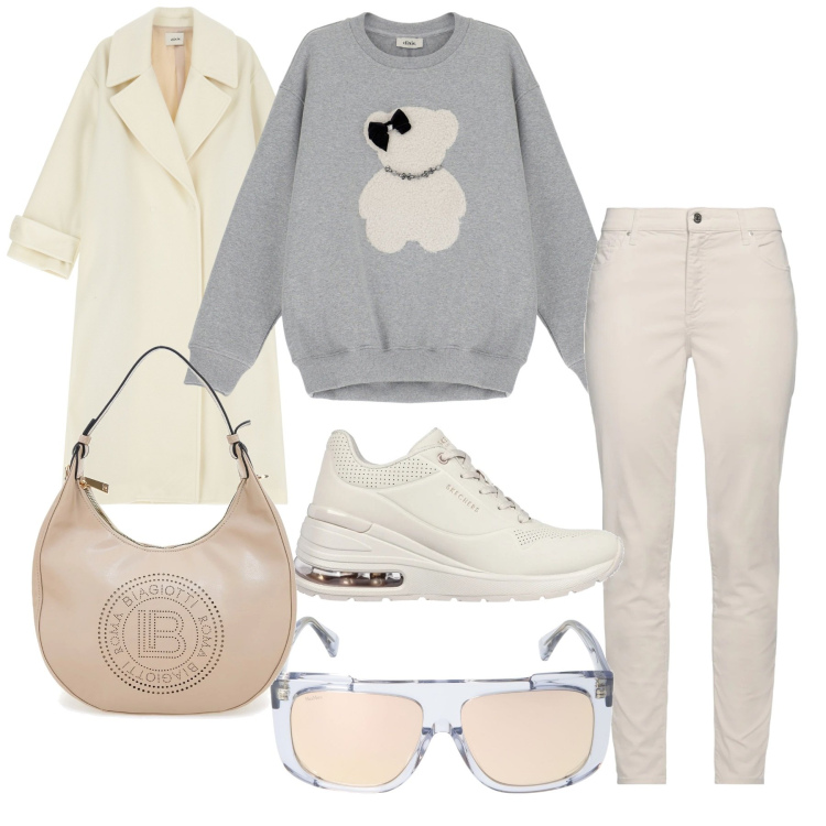 Outfit donna - Fiocchetto. Stile Casual per Tutti i giorni. Abbinamento con pantaloni skinny, cappotti, felpe, sneakers, occhiali da sole, borse a spalla.