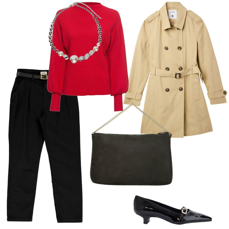 Outfit donna - San Valentino in ufficio. per Ufficio. Abbinamento con maglieria, trench, ballerine, pantaloni chino, pochette, collane.