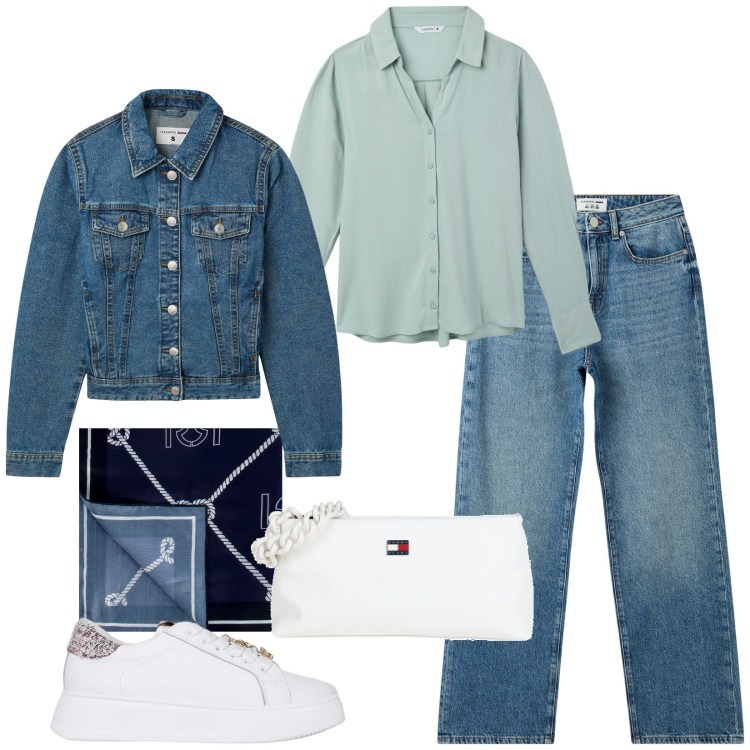 Outfit donna - Total look #2060648. Stile Casual per Tutti i giorni. Abbinamento con borse a mano, blazer, jeans dritti, camicie, foulard, sneakers.