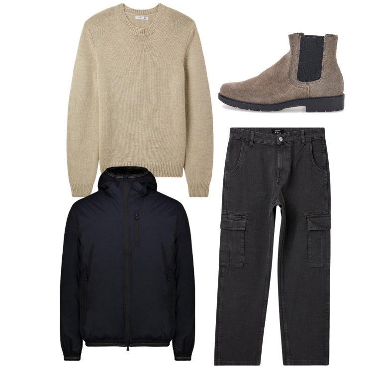 Outfit uomo - City. Stile Casual per Tutti i giorni. Abbinamento con maglieria, pantaloni cargo, giacche, stivali e stivaletti.