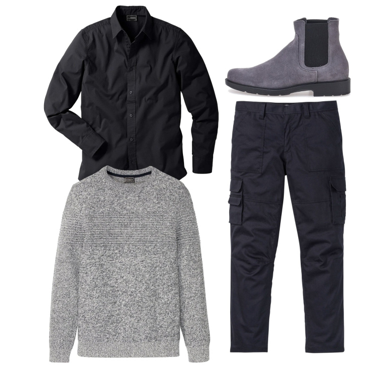 Outfit uomo - City. Stile Casual per Tutti i giorni. Abbinamento con camicie, maglieria, pantaloni cargo, stivali e stivaletti.