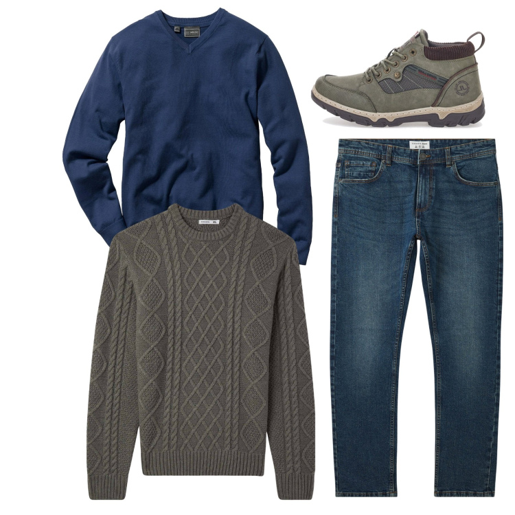 Outfit uomo - Il pullover fango. Stile Casual per Tutti i giorni. Abbinamento con maglieria, jeans, maglieria, stivali e stivaletti.