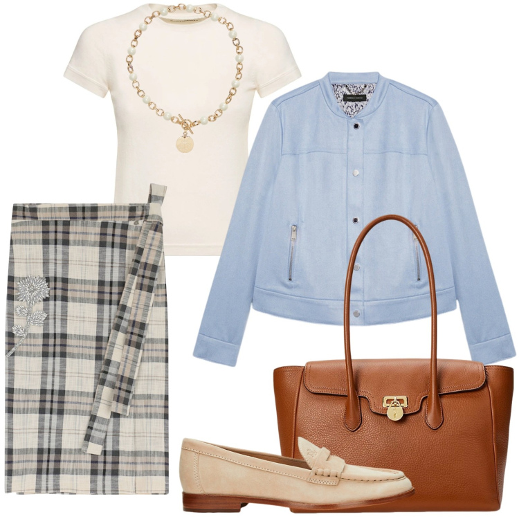 Outfit donna - Stile intramontabile. Stile Bon Ton per Ufficio. Abbinamento con gonne longuette, collane, borse a mano, mocassini, blazer, t-shirt.