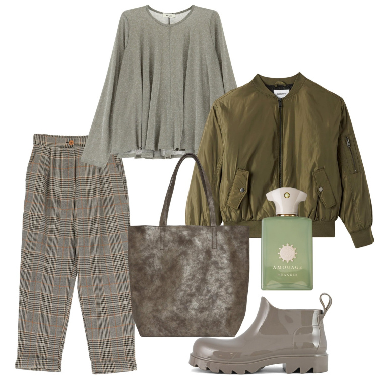 Outfit donna - Febbraio. Stile Bon Ton per Tutti i giorni. Abbinamento con profumi, bomber, borse tote, pantaloni, maglieria, stivali.