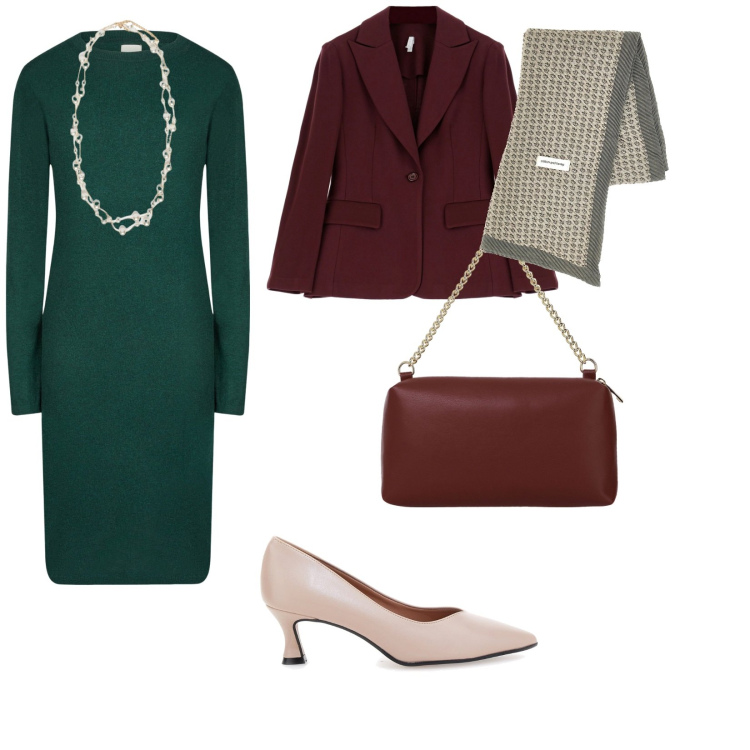 Outfit donna - Ci prendiamo un caffè. per Tutti i giorni. Abbinamento con blazer, borse a tracolla, vestiti midi/longuette, foulard, collane, décolleté.