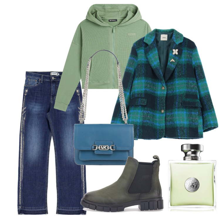 Outfit donna - Pomeriggio. Stile Casual per Tutti i giorni. Abbinamento con borse a spalla, profumi, jeans dritti, felpe con cappuccio, blazer, stivaletti chelsea.