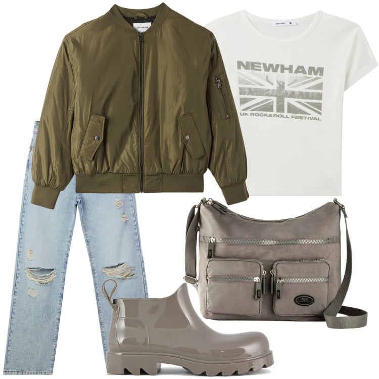Outfit donna - Guardaroba inconfondibile. Stile Minimal per Scuola/Università. Abbinamento con borse a tracolla, jeans strappati, bomber, t-shirt, stivali.
