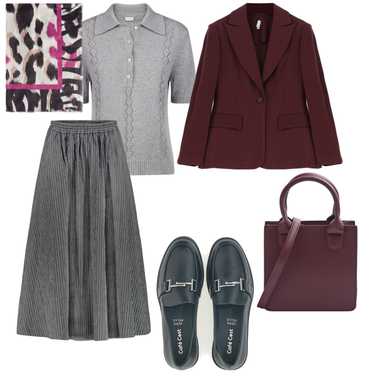 Outfit donna - Semplice eleganza. per Ufficio. Abbinamento con shopping bag, blazer, mocassini, gonne, polo, foulard.