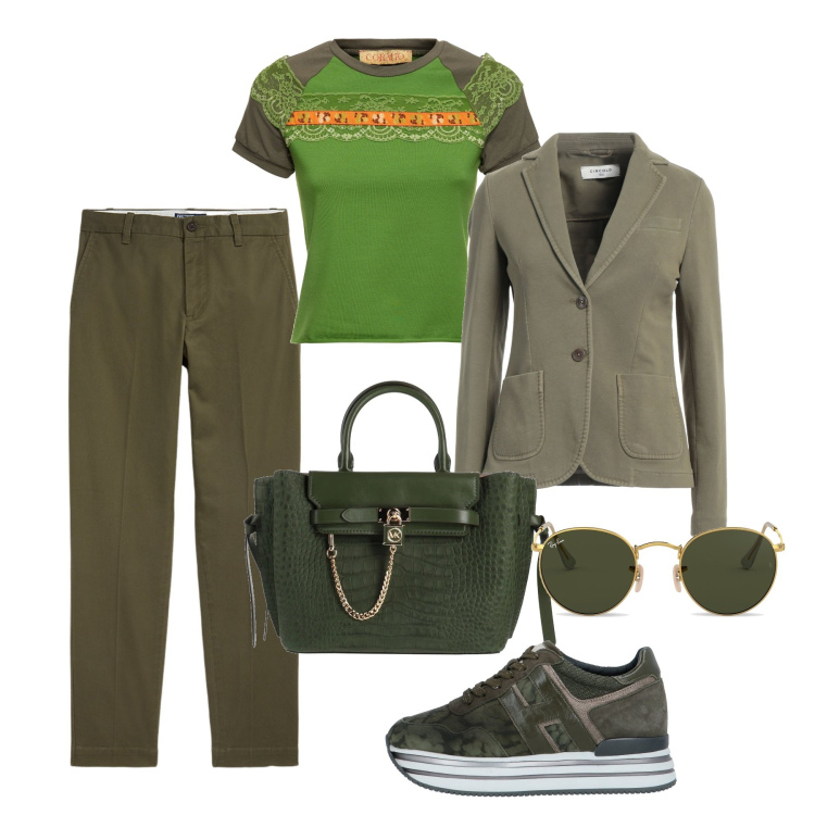 Outfit donna - Dove c\'è tepore. Stile Casual per Tutti i giorni. Abbinamento con blazer, sneakers, borse a mano, pantaloni chino, occhiali da sole, t-shirt.