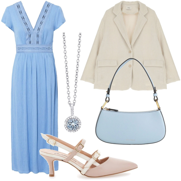 Outfit donna - Aria di primavera. Stile Chic per Serata fuori. Abbinamento con vestiti lunghi, borse a mano, collane, blazer, décolleté.