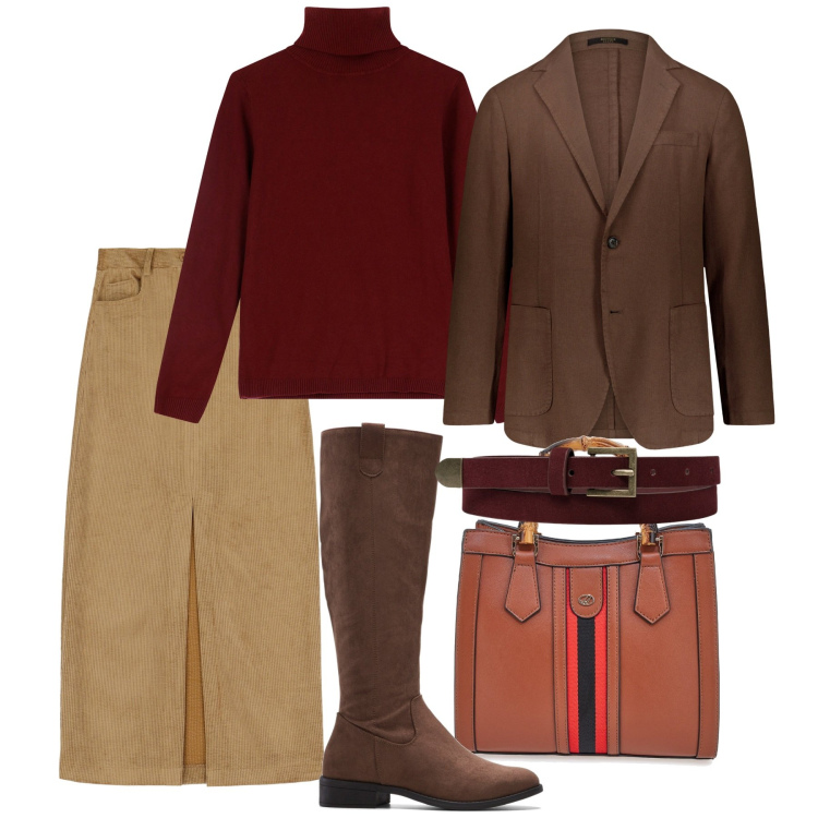 Outfit donna - Caramel. Stile Bon Ton per Tutti i giorni. Abbinamento con stivali, maglieria, gonne lunghe, borse a tracolla, blazer, cinture.