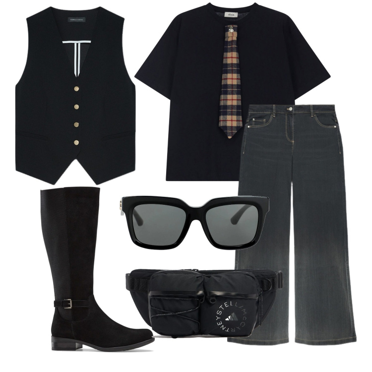 Outfit donna - Gilet. Stile Casual per Ufficio. Abbinamento con stivali, occhiali da sole, t-shirt, gilet, marsupi, jeans.