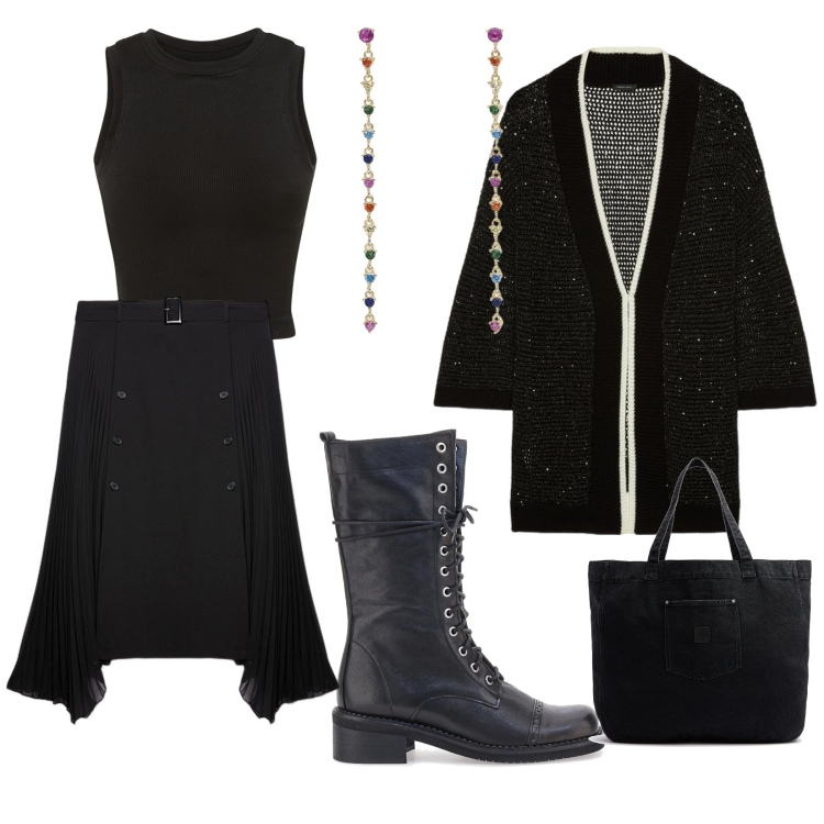 Outfit donna - Total black. per Serata fuori. Abbinamento con orecchini, cardigans, anfibi, gonne longuette, canottiere, shopping bag.