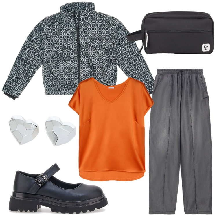 Outfit donna - Giubbotto impermeabile. Stile Minimal per Tutti i giorni. Abbinamento con jeans, valigie, orecchini, ballerine, t-shirt, blazer.