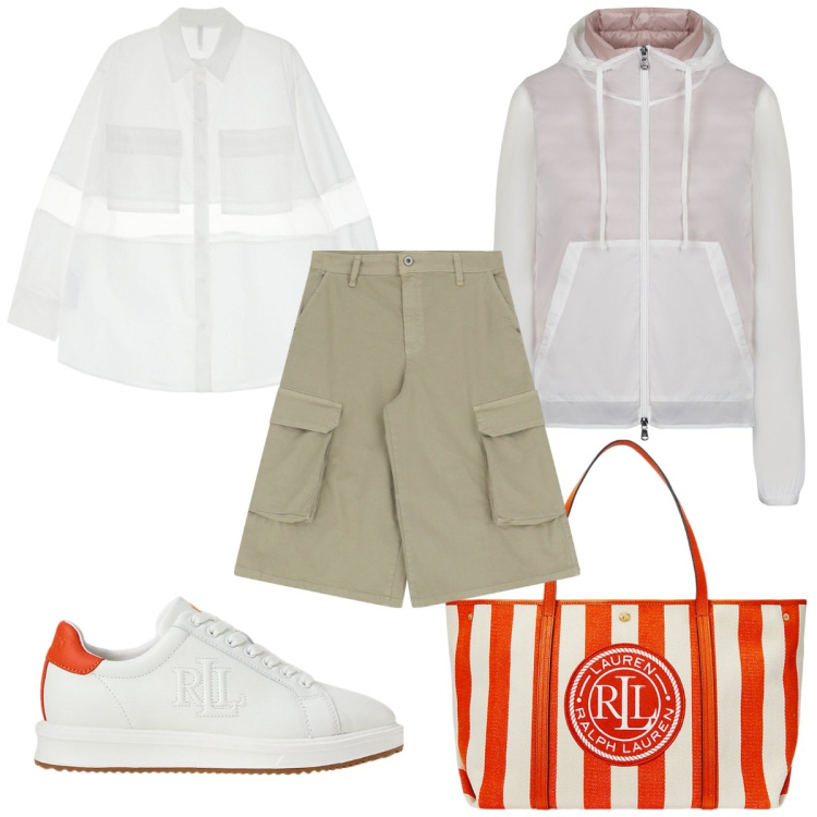 Outfit donna - Total look #2060692. Stile Trendy per Tutti i giorni. Abbinamento con bermuda, camicie, borse tote, sneakers, blazer.