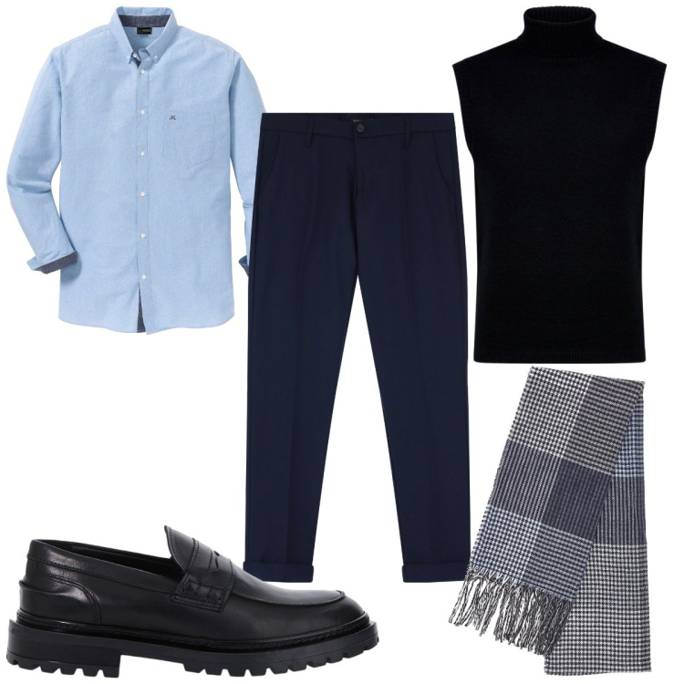 Outfit uomo - Total look #2060694. Stile Casual per Tutti i giorni. Abbinamento con camicie, pantaloni chino, scarpe stringate, sciarpe, gilet.