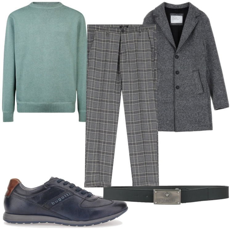 Outfit uomo - Total look #2060698. Stile Casual per Ufficio. Abbinamento con cinture, pantaloni, cappotti, scarpe stringate, maglieria.