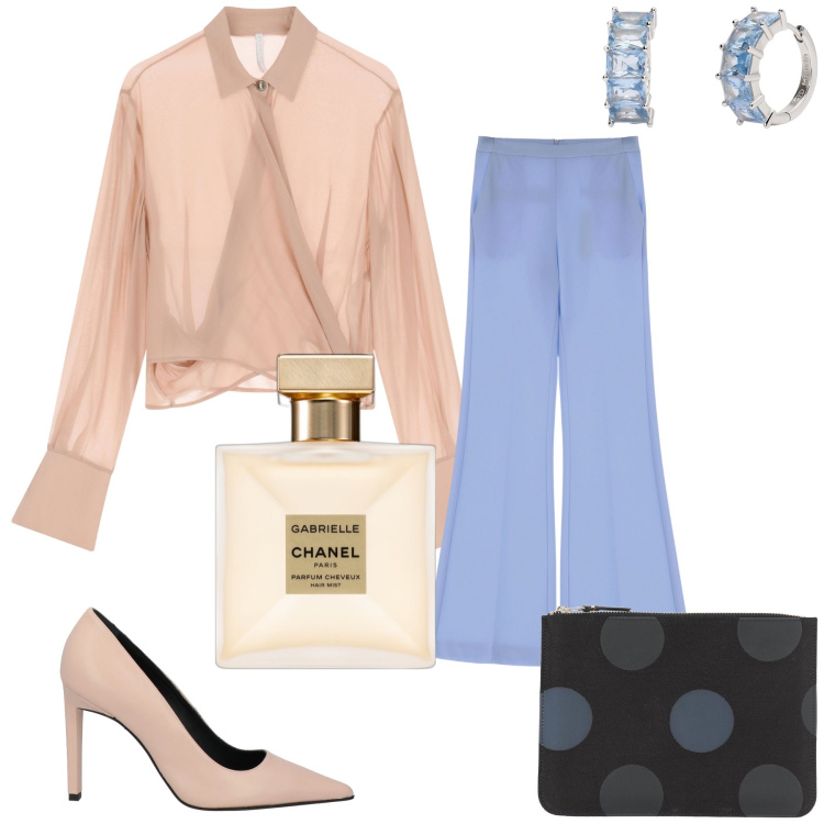 Outfit donna - Rosa e azzurro. Stile Romantica per Serata fuori. Abbinamento con décolleté, pochette, profumi, orecchini, pantaloni, camicie.