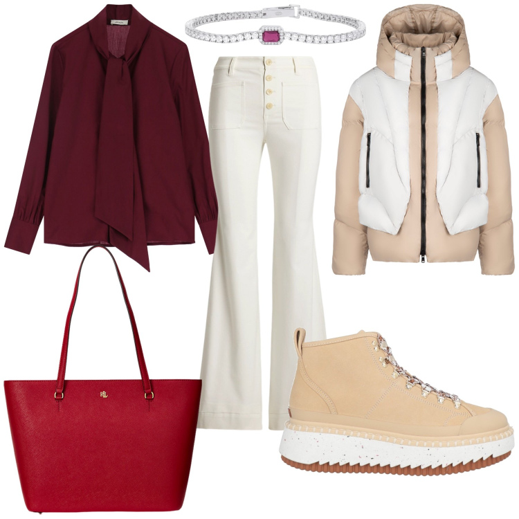 Outfit donna - In ufficio sotto la neve. Stile Urban per Ufficio. Abbinamento con stivaletti, braccialetti, camicie, borse tote, pantaloni, piumini.