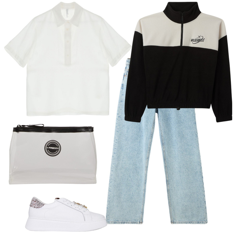 Outfit donna - Total look. Stile Minimal per Tutti i giorni. Abbinamento con jeans, felpe, sneakers, camicie, valigie.