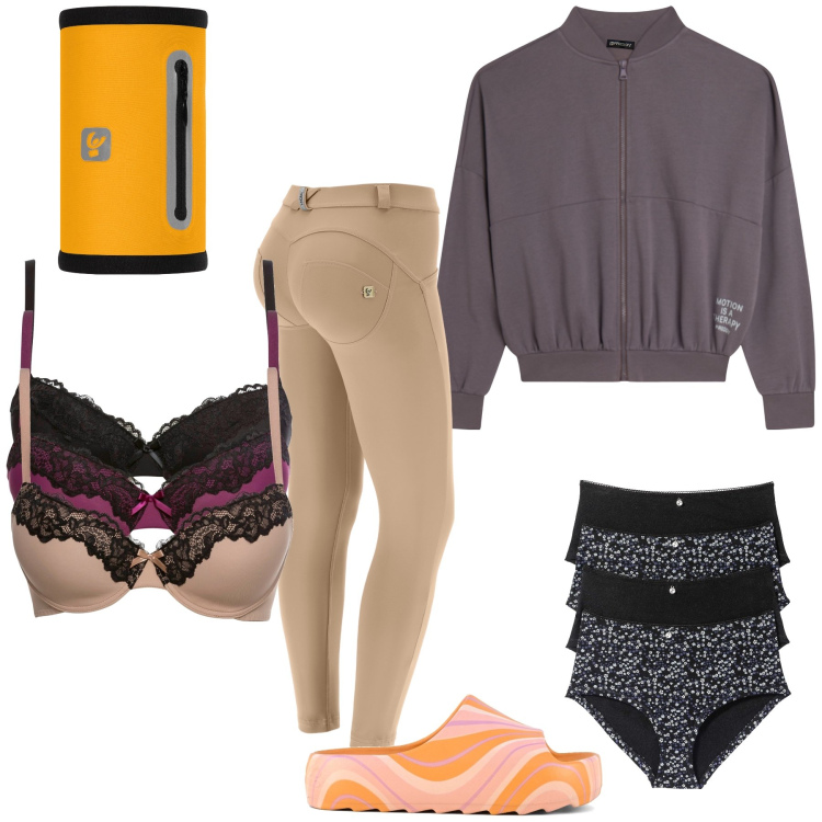 Outfit donna - A casa. Stile Basic per Tutti i giorni. Abbinamento con reggiseni, culotte, pantaloni skinny, fasce per capelli, felpe, ciabatte.