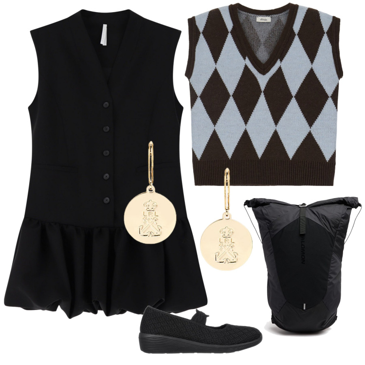 Outfit donna - Girl. Stile Preppy per Tutti i giorni. Abbinamento con vestiti corti, gilet, orecchini, ballerine, zaini.