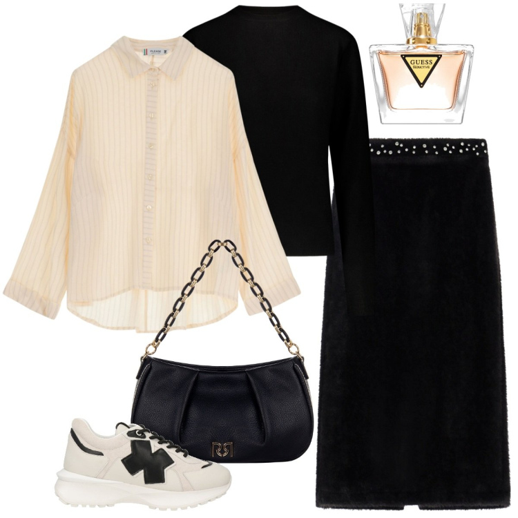 Outfit donna - La camicia oversize passepartout 3. Stile Casual chic per Tutti i giorni. Abbinamento con sneakers, profumi, camicie, borse a tracolla, gonne, maglieria.