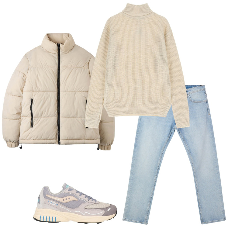 Outfit uomo - Chiaro. Stile Casual per Tutti i giorni. Abbinamento con sneakers, jeans, piumini, maglieria.