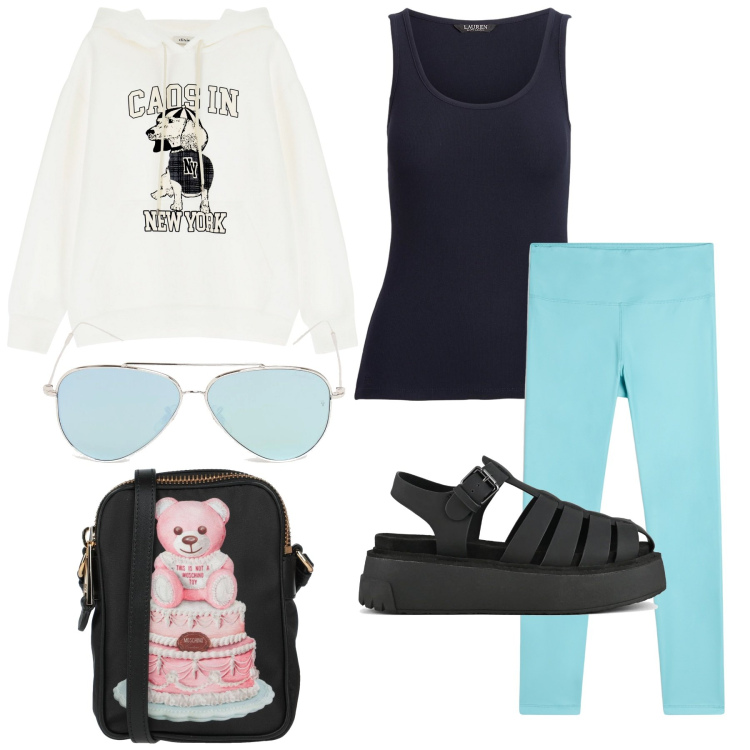 Outfit donna - Caos. Stile Casual per Tutti i giorni. Abbinamento con borse a tracolla, treggings, felpe con cappuccio, canottiere, sandali, occhiali da sole.