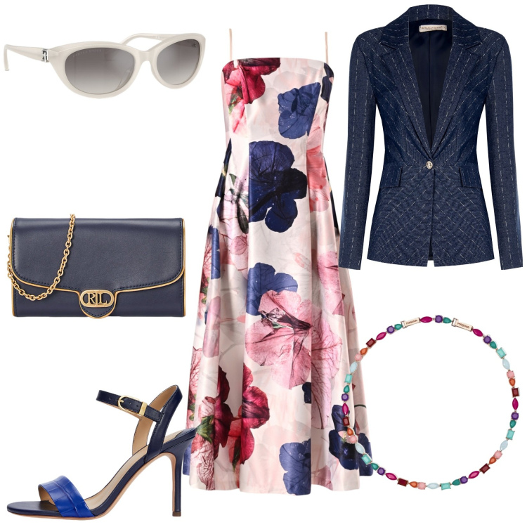 Outfit donna - Benvenuta primavera!. Stile Chic per Cerimonia. Abbinamento con collane, vestiti midi/longuette, blazer, occhiali da sole, sandali in pelle, borse a tracolla.