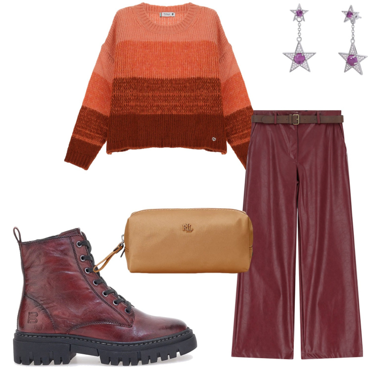 Outfit donna - In ufficio. Stile Casual chic per Ufficio. Abbinamento con orecchini, pantaloni, maglieria, pochette, anfibi.