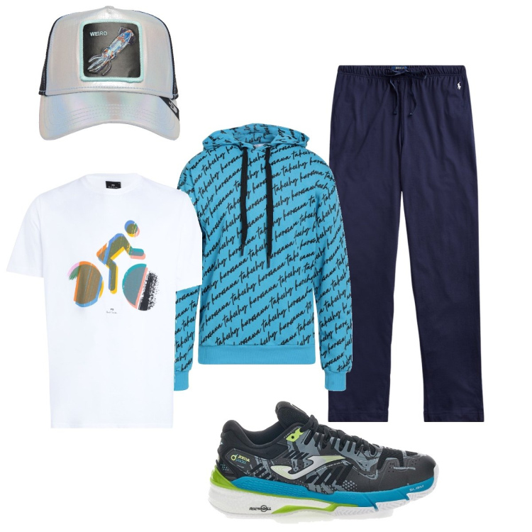 Outfit uomo - Camminata salutare. Stile Casual per Sport. Abbinamento con felpe con cappuccio, t-shirt, pantaloni, sneakers, cappelli.