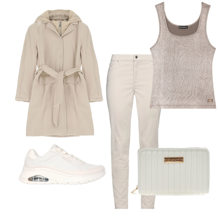 Outfit donna - Beige e bianco. Stile Casual chic per Tutti i giorni. Abbinamento con pantaloni skinny, cappotti, canottiere, sneakers, portafogli.