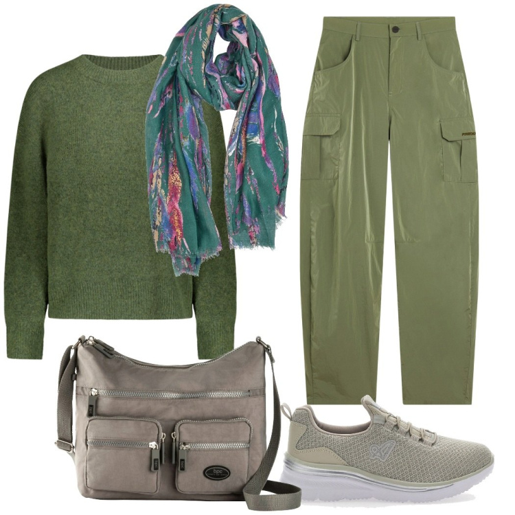 Outfit donna - In vacanza. Stile Casual per Tutti i giorni. Abbinamento con borse a tracolla, pantaloni cargo, sneakers, foulard, maglieria.